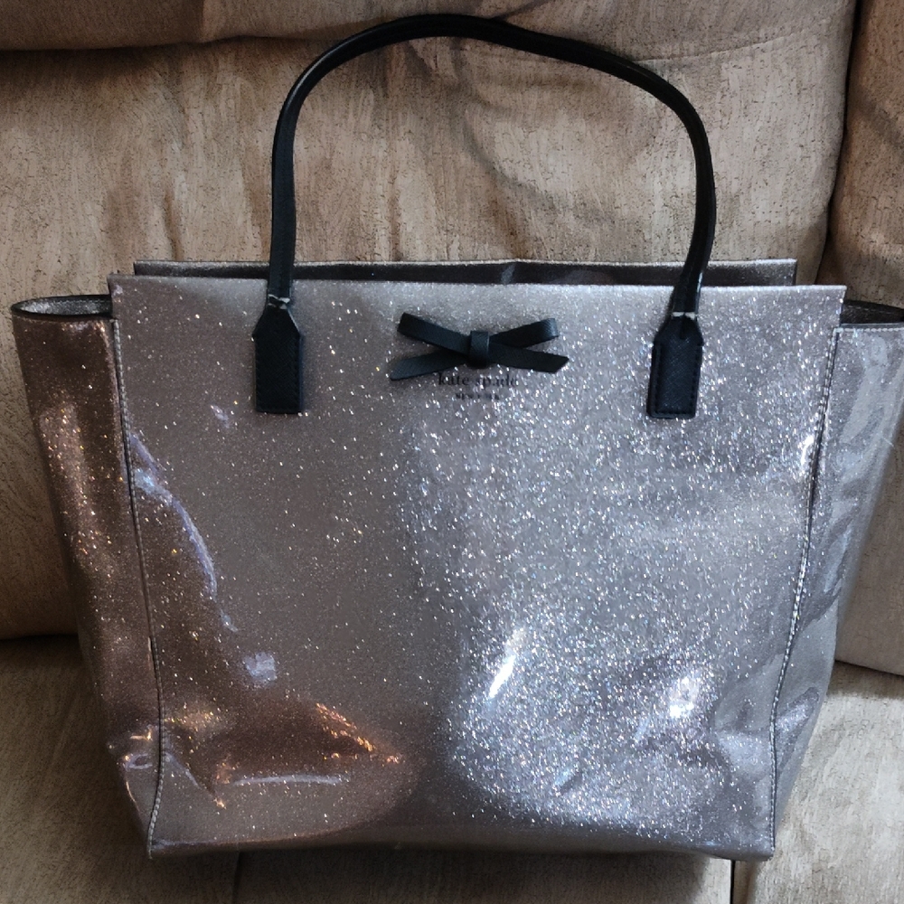 Kate Spade Elegant Silver Glitter Tote Bag with Matching Wallet